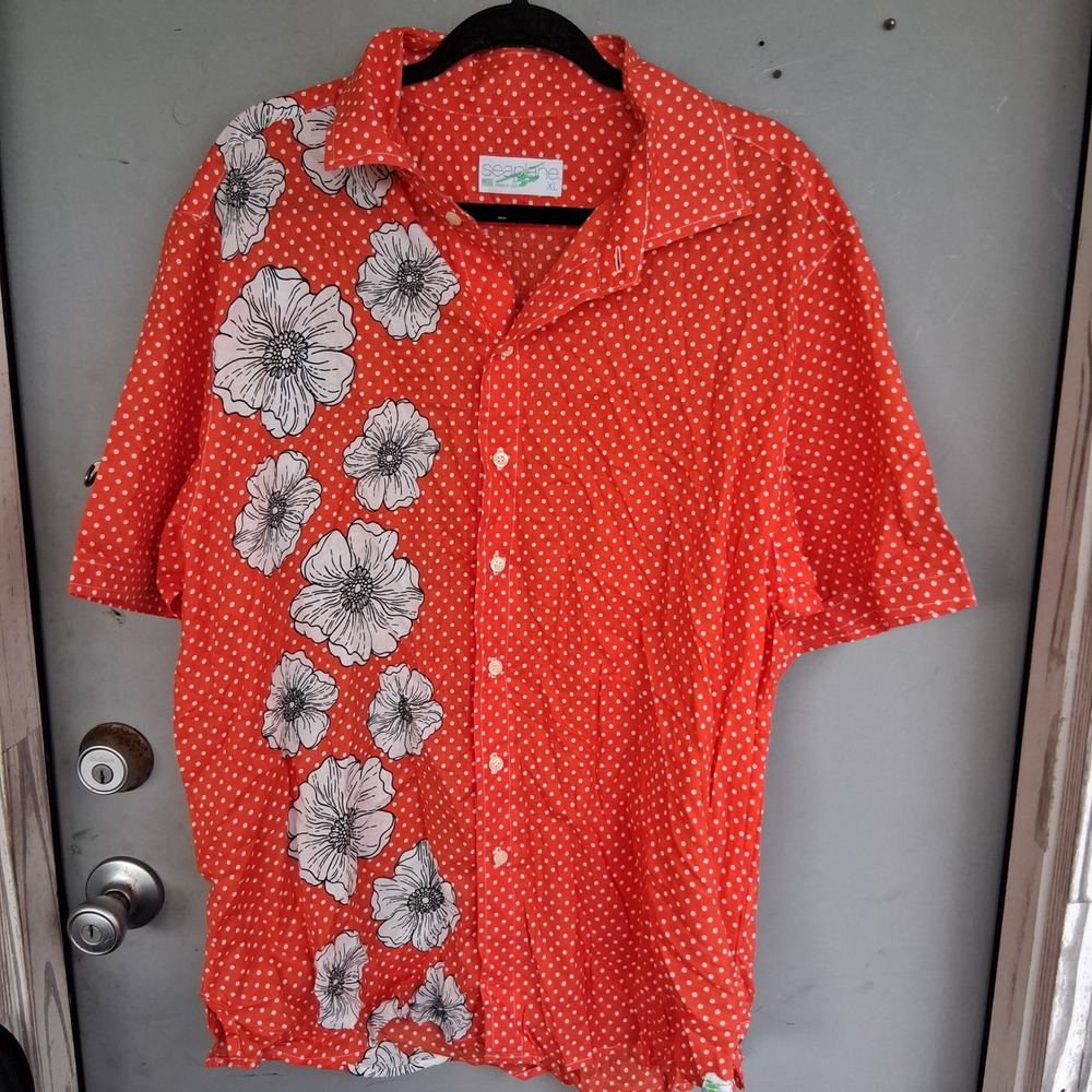 Seaplane Mens XL Short Sleeve Button Down Shirt Red Polka Dot Floral Made in USA
